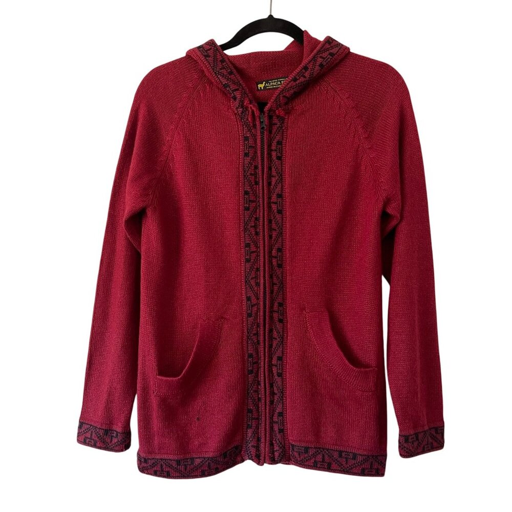 Handcrafted Alpaca Fina M Red Hooded Zip Up Sweater Pockets Nordic Cusco-Peru